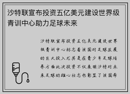 沙特联宣布投资五亿美元建设世界级青训中心助力足球未来